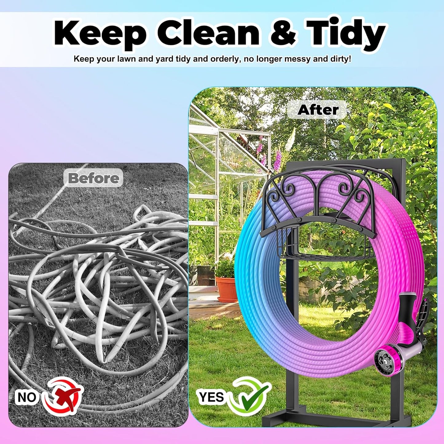 Garden Hose Holder, 4 Spikes Freestanding Water Hose Holder Reels, Heavy Duty Detachable Hose Stand with Storage Basket for Outside Yard Lawn (A-4 Spikes)