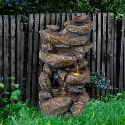Ferrisland 31.5"H Outdoor Floor Waterfall Fountain, 5 Tier Rustic Rock Freestanding Water Fall Feature with Cascading Streams & LED Lights, Home Décor for Garden, Patio, Yard, Deck & Porch, Gift Ideas