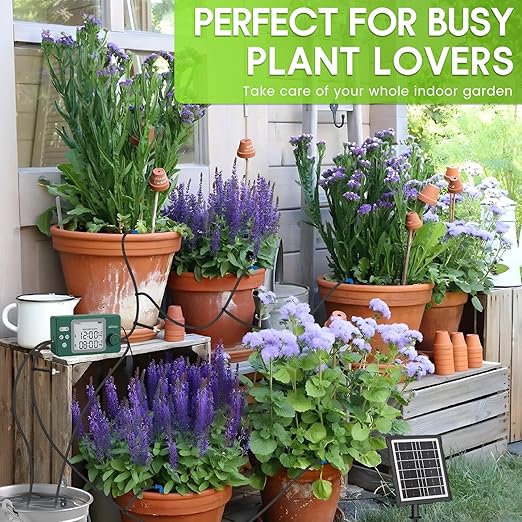 Solar Powered Dual Pump Drip Irrigation Kit for Outdoor Indoor Plants, 2-Zone Smart Self-Watering System with USB Charging, Automatic Plant Waterer for Garden Patio Balcony Vacation