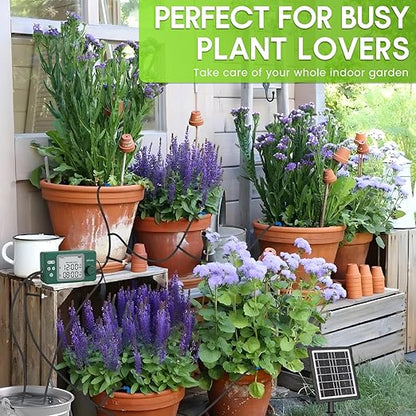 Solar Powered Dual Pump Drip Irrigation Kit for Outdoor Indoor Plants, 2-Zone Smart Self-Watering System with USB Charging, Automatic Plant Waterer for Garden Patio Balcony Vacation