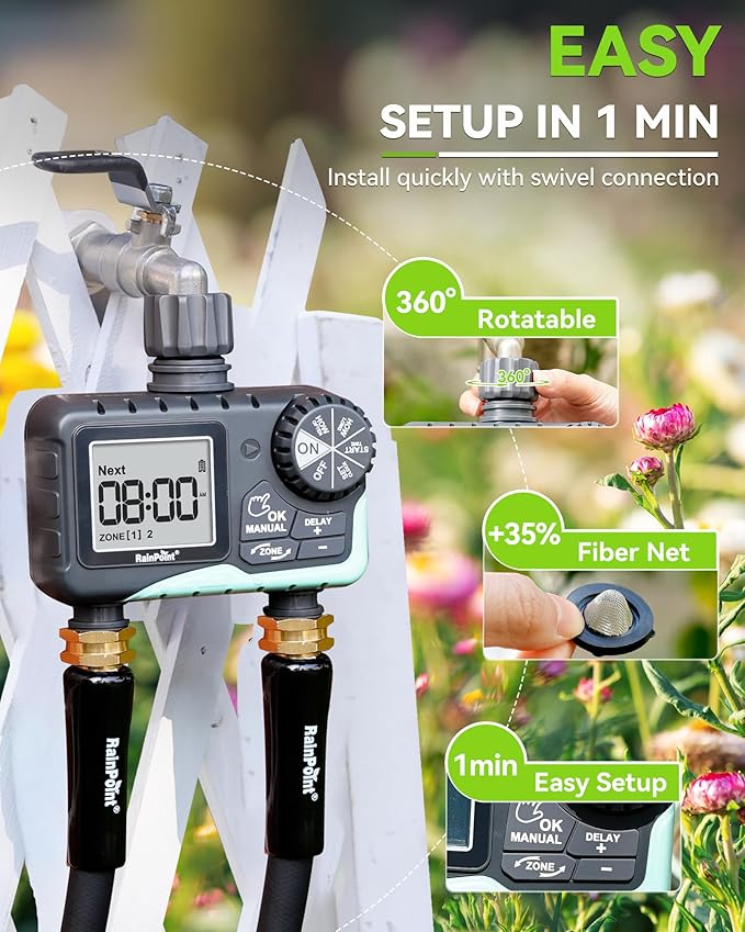 RAINPOINT Water Timer for Garden Hose - 2 Zone Sprinkler Timer with Rain Delay/Manual Watering/Automatic Irrigation for Yard Lawn