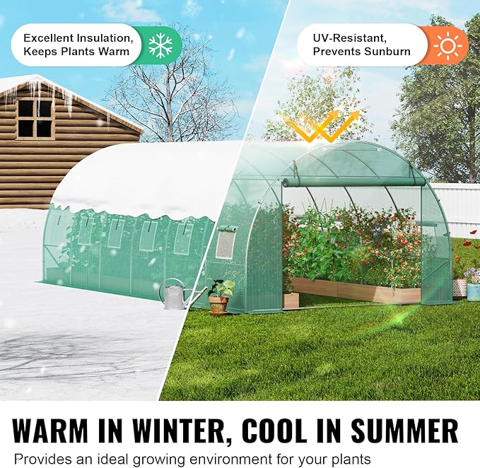 VEVOR Walk-in Tunnel Greenhouse, 19.4x9.7x6.5 ft Hoop House Greenhouse Tunnel, Plant Hot House with Galvanized Steel Frame, Green PE Cover, Roll-up Zipper Door and 12 Windows for Outdoor