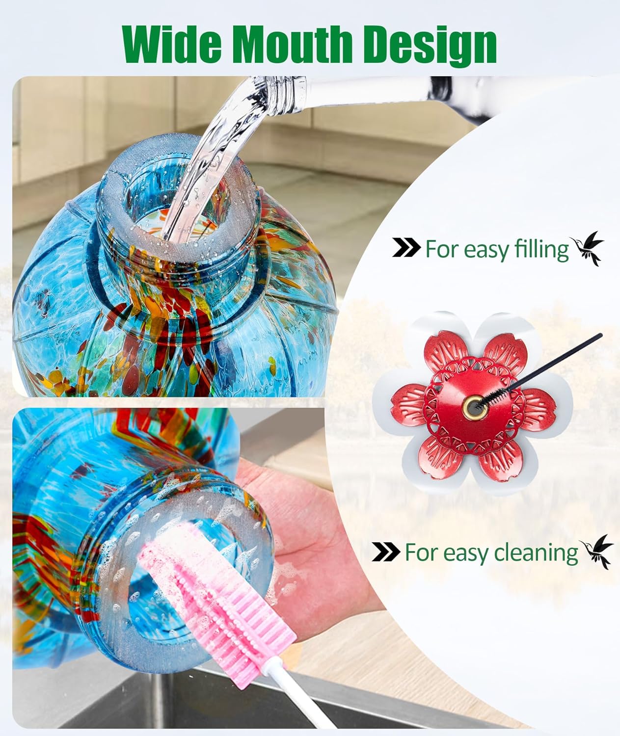 Hummingbird Feeder, BOLITE Glass Hummingbird Feeders for Outdoors Hanging, Hand Blown, with Ant Moat and Five Feeding Ports, Meshy Texture Ball Shape Bottle, 20 Ounces, Blue, Gifts for Women Men