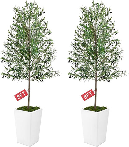Olive Trees Artificial Indoor 8ft, 2 PCS Tall Faux Silk Plant with Pot, Realistic Leaves and Natural Wood Trunk Fake Trees with Lifelike Fruits for Home Office Decor Bedroom Livingroom Entryway