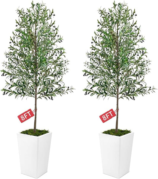 Olive Trees Artificial Indoor 8ft, 2 PCS Tall Faux Silk Plant with Pot, Realistic Leaves and Natural Wood Trunk Fake Trees with Lifelike Fruits for Home Office Decor Bedroom Livingroom Entryway