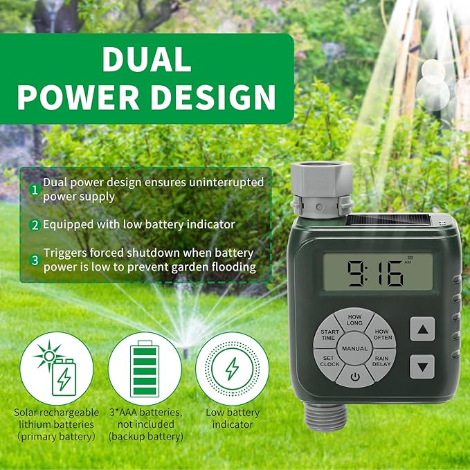 Sprinkler Timer, Programmable Irrigation Water Timer for Garden Hose, Solar/Battery Dual Power & Professional Leak-Proof Design, Rain Delay/Auto/Manual Watering System, Green