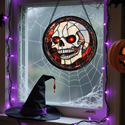 Stained Glass Window Hanging - Halloween Decorations White Skeleton Suncatcher for Doors Garden Indoor Spooky Funny Red Sun Catchers Gothic Decor Horror Gifts for Women Men Friend 6.3 in