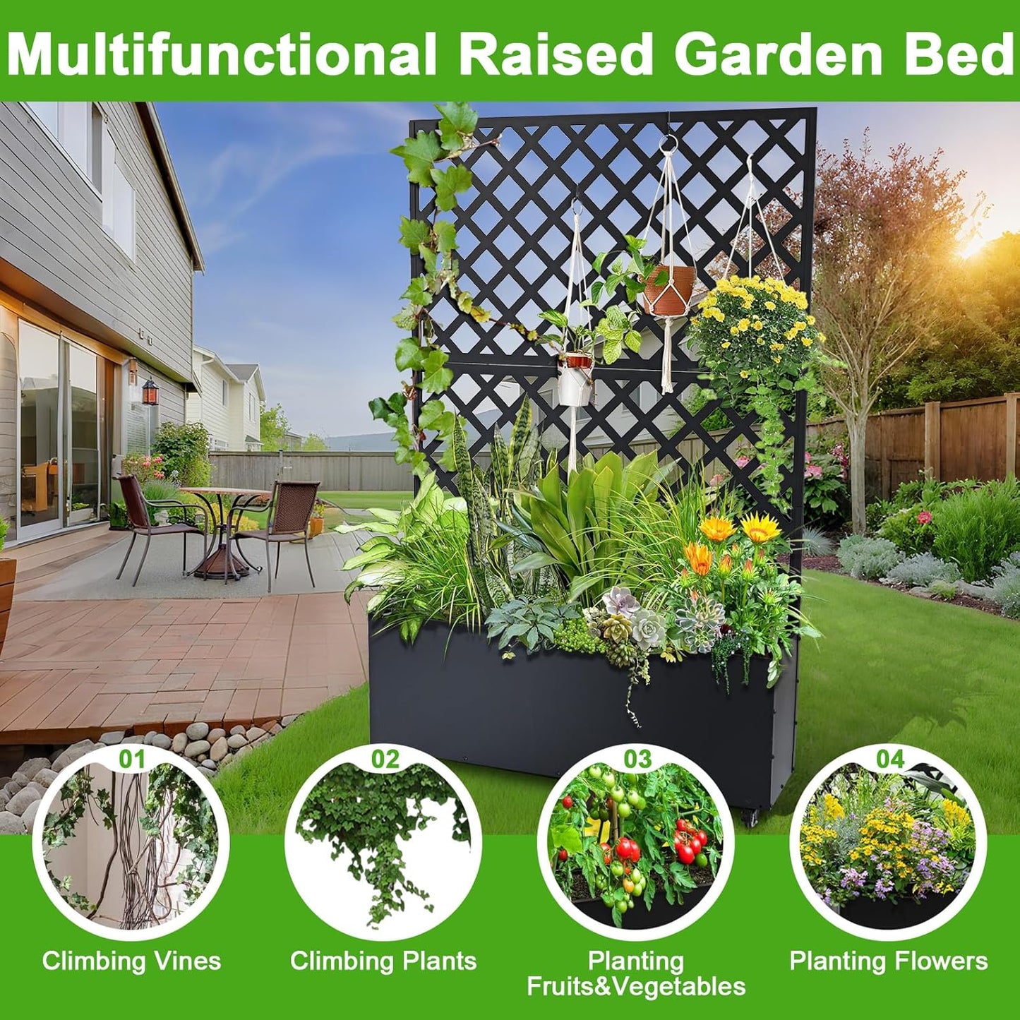 GarveeLife Metal Planter Box with Trellis, 73"x47"x12" Raised Garden Bed with Trellis & Wheels, Outdoor Garden Box with Privacy Screen & Drainage Holes for Climbing Plants Flower Vegetable, Black