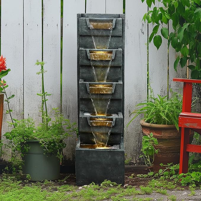 SunJet 4-Tiers Modern Cascading Indoor/Outdoor Fountains and Waterfalls with LED Lights - 39.3" High Large Water Fountain for Garden, Patio, Yard, and Deck Decor - Relaxing Water Fountain Outdoor