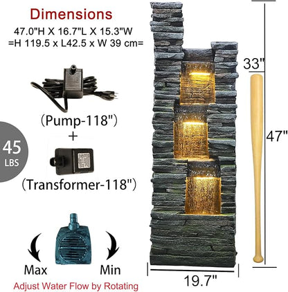 47 in High Water Fountain Outdoor Garden 3 Tier Cascading Large Outdoor Fountains and Waterfalls with LED Lights for Garden, Patio, Backyard, Deck, Porch and Home Art Decor, Natural Stones