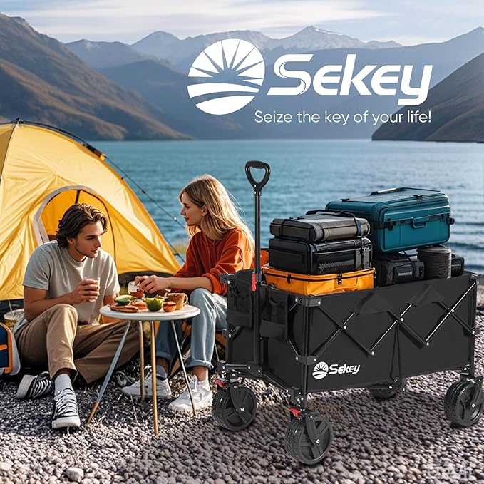 Collapsible Wagon Cart with Big All-Terrain Beach Wheels, Foldable Heavy Duty Wagons with Cup Holders, Utility Carts for Camping, Garden, Outdoor, Grocery, Sports. Black