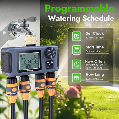 Insoma Water Timer with Brass Inlet, 4 Independent Zones Outdoor Hose Timer for Garden Faucet with Auto/Manual/Rain Delay Mode, IPX5 Waterproof, Sprinkler Irrigation Controller for Yard Lawn