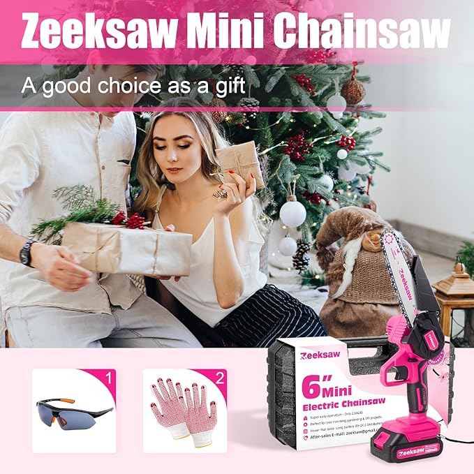 Pink Mini Chainsaw Cordless 6 inch - Electric Hand Held Chain Saw Battery Powered with Power Indicator - Rechargeable Portable Small Chainsaw for Women, Yard Tools Gifts for Gardeners Woman