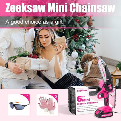 Pink Mini Chainsaw Cordless 6 inch - Electric Hand Held Chain Saw Battery Powered with Power Indicator - Rechargeable Portable Small Chainsaw for Women, Yard Tools Gifts for Gardeners Woman