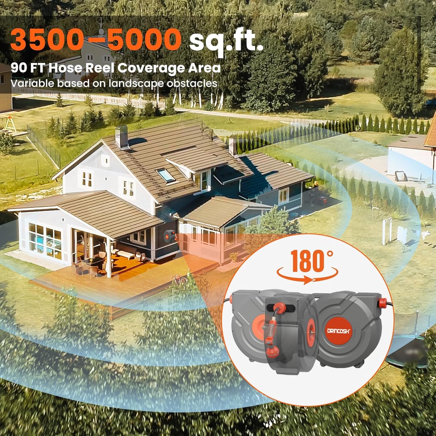 Upgraded Retractable Garden Hose Reel 5/8 in x 90 ft PRO 180° Swivel Metal Bracket Automatic Retract Heavy Duty Hose Reels Wall Mount Any Length Lock 9 Pattern Nozzle Garden Watering