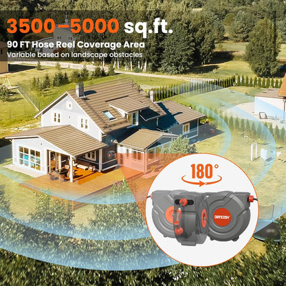 Upgraded Retractable Garden Hose Reel 5/8 in x 90 ft PRO 180° Swivel Metal Bracket Automatic Retract Heavy Duty Hose Reels Wall Mount Any Length Lock 9 Pattern Nozzle Garden Watering