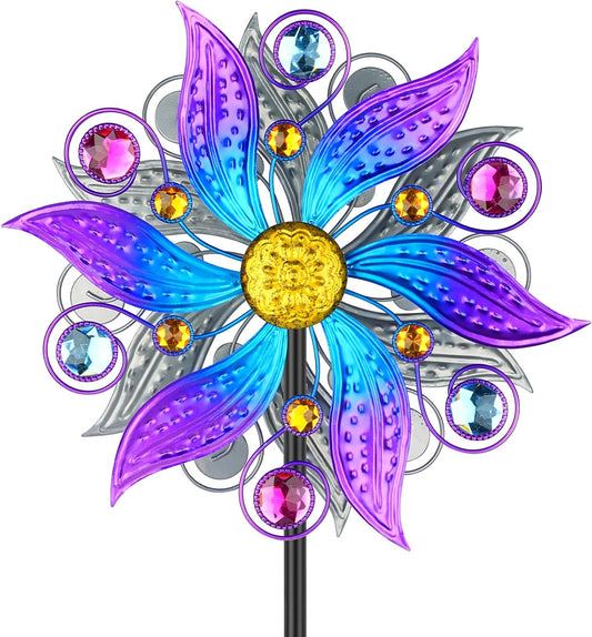 Metal Wind Spinner Outdoor, Purple Flowers Wind Sculpture Spinners with Metal Stake, Yard Art Decor for Patio, Lawn & Garden, Creative Gifts 57.5 * 13.3 Inch