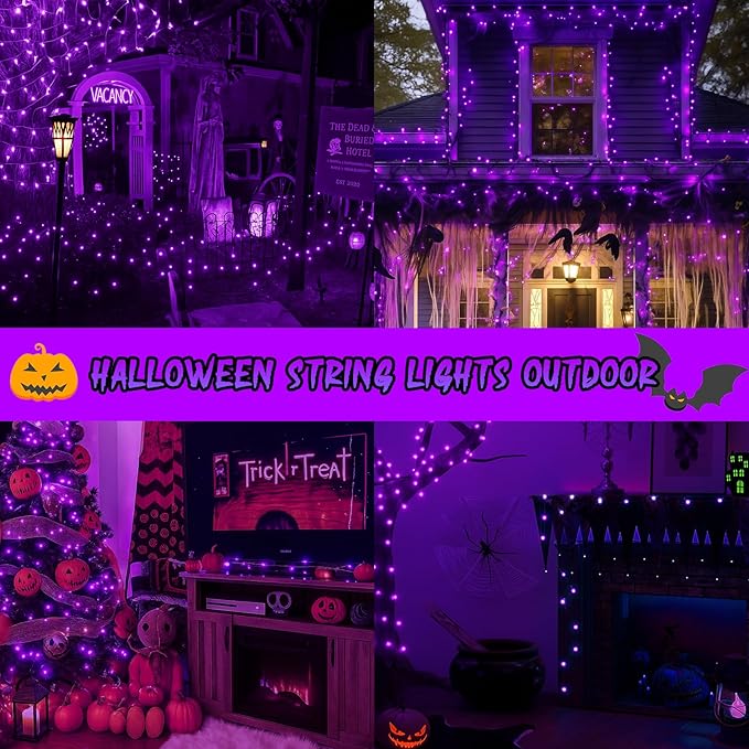 Upgraded Connectable 200 LED Halloween String Lights Outdoor Indoor, 66FT Purple Halloween Decorations Lights 13 Modes, Waterproof Twinkle Fairy Lights Plug in Clear Wire for Tree, Bedroom Decoration