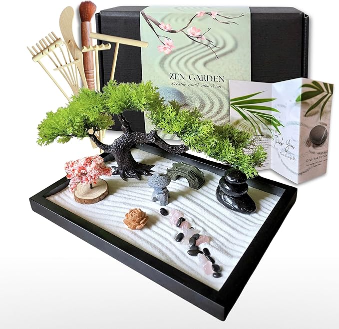 Zen Garden for Desk – Mini Japanese Rock Garden with Crystals, Bonsai Tree & Sand Tools, 11x7.5in Stress Relief Desk Decor, Meditation & Relaxation Gift Set (Black)