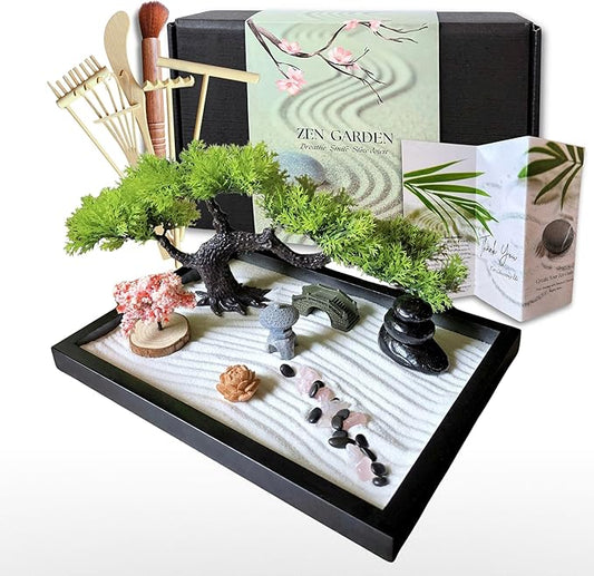 Zen Garden for Desk – Mini Japanese Rock Garden with Crystals, Bonsai Tree & Sand Tools, 11x7.5in Stress Relief Desk Decor, Meditation & Relaxation Gift Set (Black)