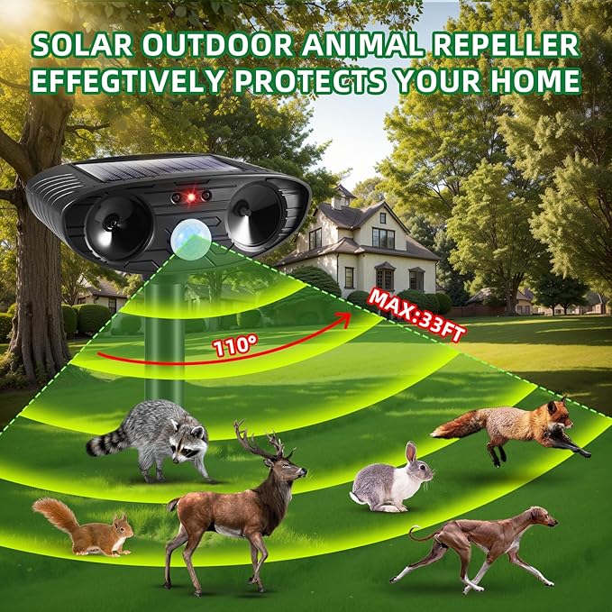2025 2Pack Deer Repellent Device Ultrasonic Animal Repellent Outdoor Solar Animal Repeller with Motion Detection Cat Deterrent Outdoorto Scare Raccoon Dog Coyote Squirrel Skunk Fox Rabbit