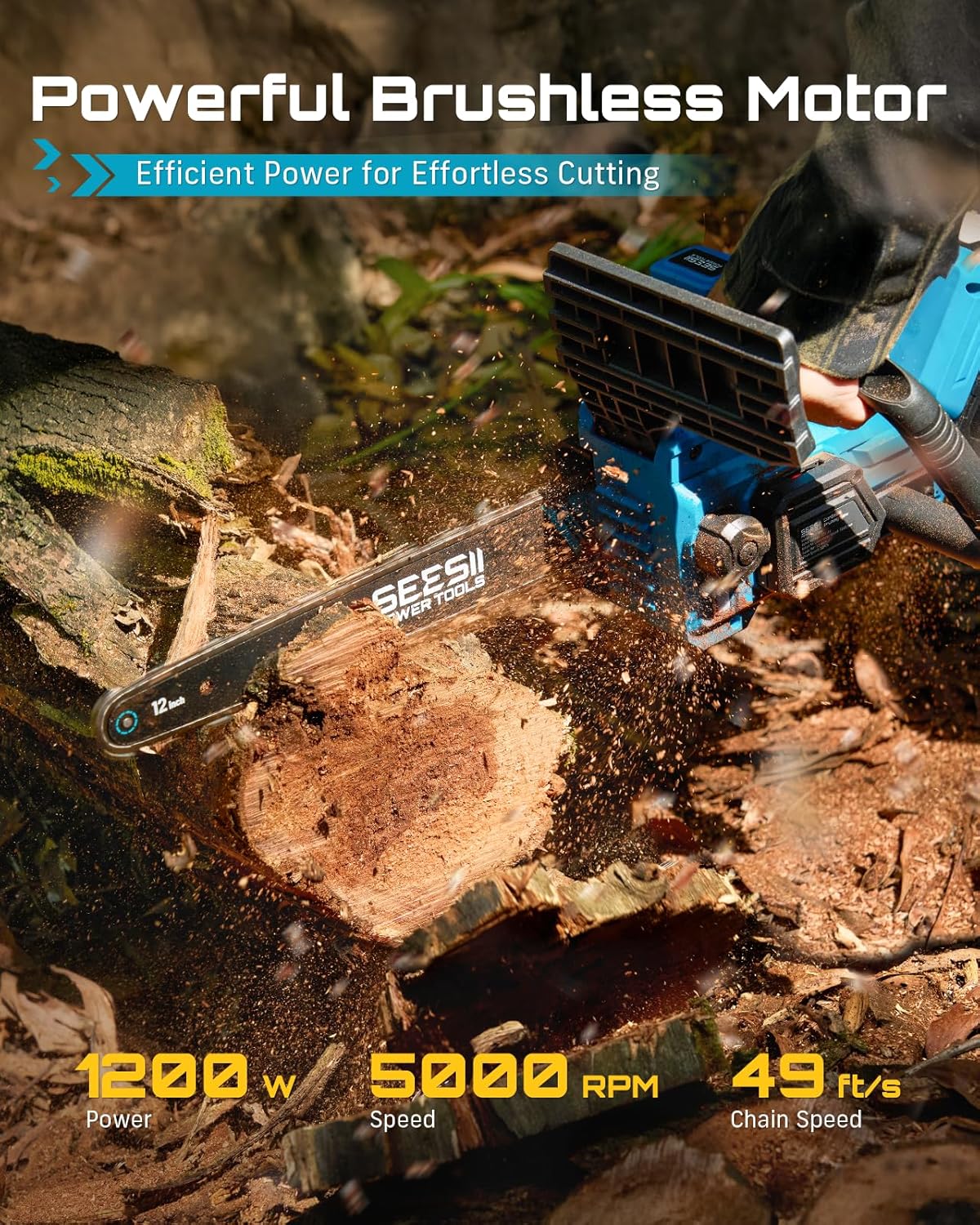 SEESII Electric Chainsaw Cordless 12-inch: Brushless Battery Powered Chainsaw, Includes 2 x 4.0Ah Batteries, Auto-Tension and Oiling Chain Saw for Dad Husband Father Day Gifts, Tree Cutting Trimming