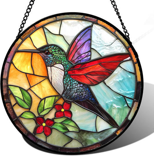 Stained Glass Window Hanging, Hummingbird Gifts Sun Catchers Diamond Glass Panel Hangings Birds Suncatcher Decor for Birthday for Women, Men, Wife, Aunt, and Mom 14.9x14.9 in