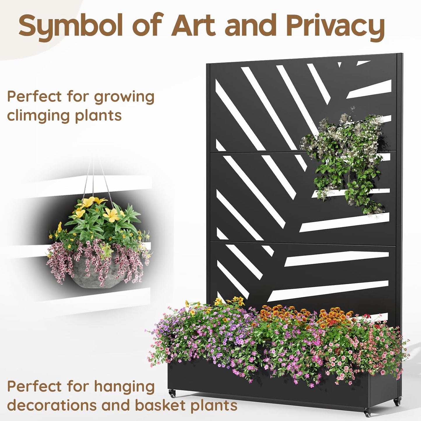 Metal Raised Garden Bed with Trellis & Wheels,72" x 47"x 15.7" Planter Box with Trellis,Privacy Planters for Patio,Garden Bed for Climbing Plants,Suitable for Climbing Plants and Vegetables,Black