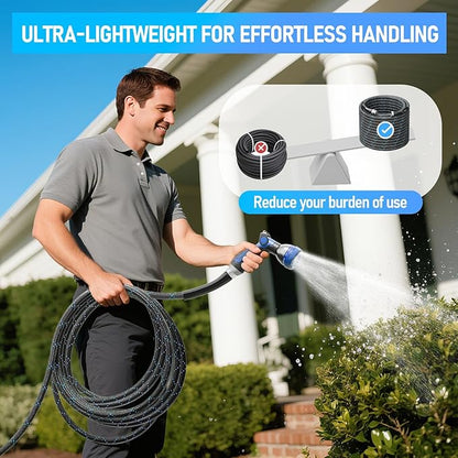 SPECILITE Garden Hose 50ft, 3-Layer Flexible Water Hose with 8 Pattern Spray Nozzle, Non-Expanding & Lightweight Stainless Steel Hose for Yard, Lawn, Outdoor-Leak Proof, No-kink & Tangle-free