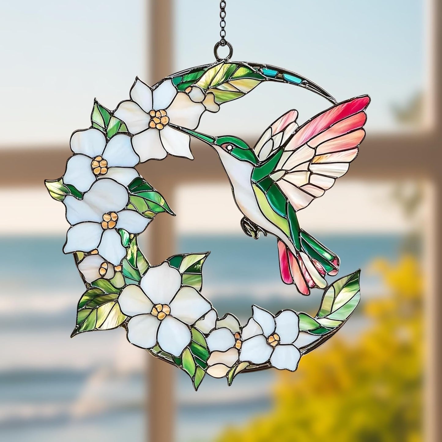 Hummingbird Crescent Moon Acrylic Suncatcher Stained Glass Effect Window Car Hanging Christmas Ornament Indoor Outdoor Decor Garden Sun Catcher Gift for Bird Lover for Women Mom Grandma