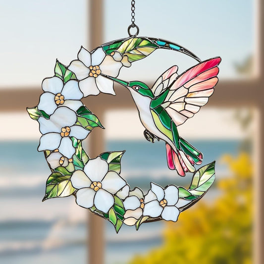 Hummingbird Crescent Moon Acrylic Suncatcher Stained Glass Effect Window Car Hanging Christmas Ornament Indoor Outdoor Decor Garden Sun Catcher Gift for Bird Lover for Women Mom Grandma
