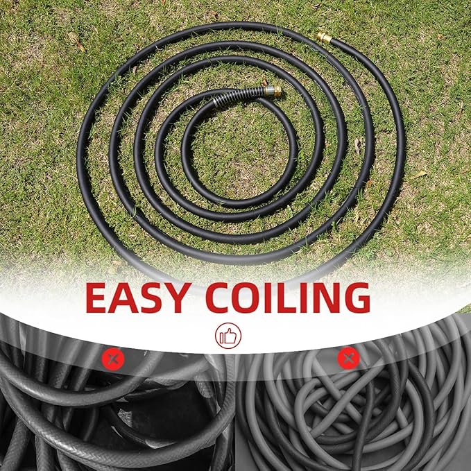 WiseFlow Garden Hose 75FT x 5/8", Heavy Duty Rubber Hose, 1000PSI Burst, 300PSI Working, Water Hose with Five Layered Braiding, Male Female Fittings (Black)