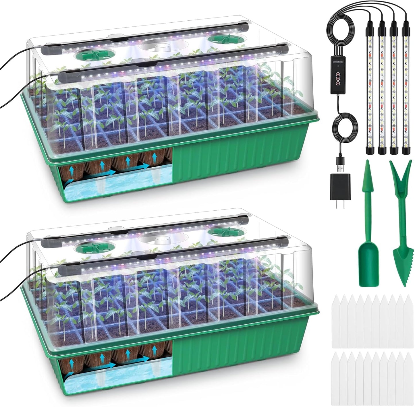 GOOINMILL Self-Watering Seed Starter Tray with Timed Grow Light, 2 Pack 120 Cells Plant Starter Tray Seedling Starter Kit with Humidity Domes Base Indoor Mini Greenhouse Plant Germination Trays