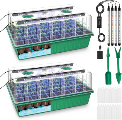 GOOINMILL Self-Watering Seed Starter Tray with Timed Grow Light, 2 Pack 120 Cells Plant Starter Tray Seedling Starter Kit with Humidity Domes Base Indoor Mini Greenhouse Plant Germination Trays