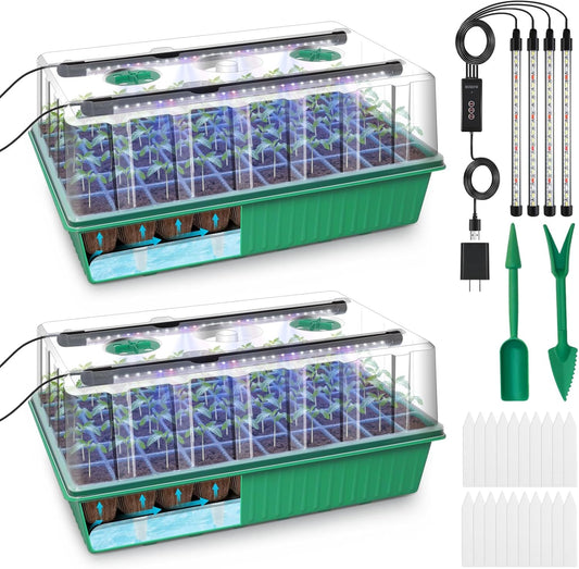 GOOINMILL Self-Watering Seed Starter Tray with Timed Grow Light, 2 Pack 120 Cells Plant Starter Tray Seedling Starter Kit with Humidity Domes Base Indoor Mini Greenhouse Plant Germination Trays