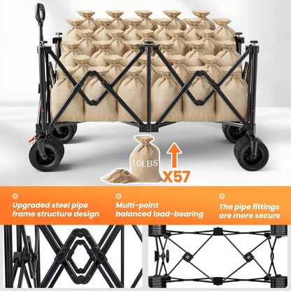 Collapsible Wagon Carts 570LBS Weight Capacity Foldable Beach Wagon with Big All-Terrain Wheels 330L Heavy Duty Utility Carts with Cup Holders for Camping, Garden, Sports, Grocery Black