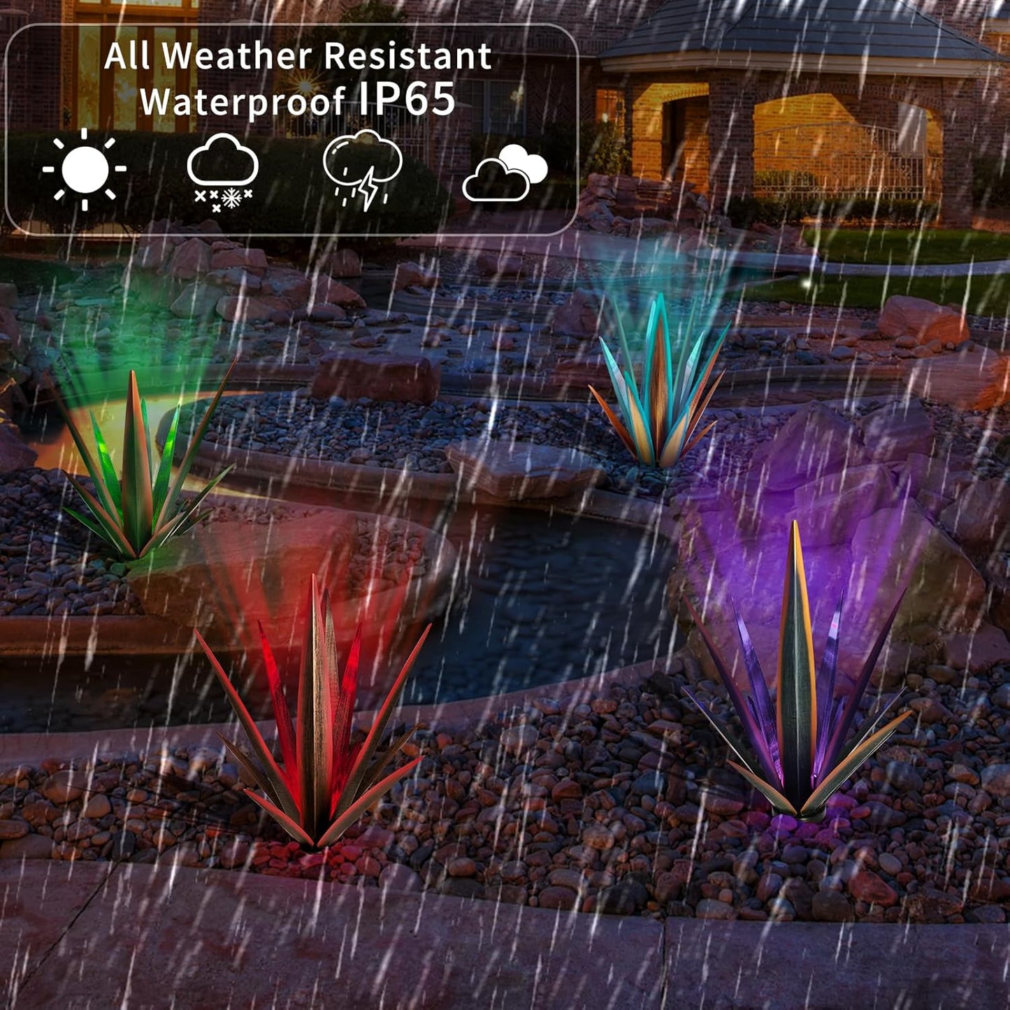 Large Tequila Rustic Sculpture, Rustic Metal Agave Plants for Outdoor Patio Yard, Home Decor Hand Painted Metal Agave Garden Yard Statue, Outdoor Lawn Ornaments (Green - L (W/Solar Light))