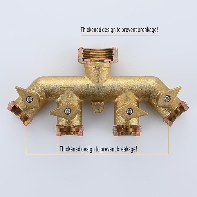 Bropury 4 Way Hose Splitter with Thickened and Optimized, Solid Brass Hose Connector NPT3/4", Hose Spigot Adapter 4 Valves with 5 Extra Rubber Washers and on/off Wrench (4 way)