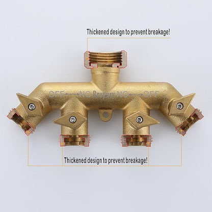 Bropury 4 Way Hose Splitter with Thickened and Optimized, Solid Brass Hose Connector NPT3/4", Hose Spigot Adapter 4 Valves with 5 Extra Rubber Washers and on/off Wrench (4 way)