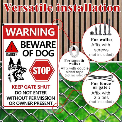 Beware of Dog Sign 2PCS - Beware of Dogs Signs for Fence, Do Not Enter Signs Keep Gate Closed, Stop Danger Warning Reflective Tin Decoration for Garden Yard Wall Metal Decor 11.8x7.9 Inches