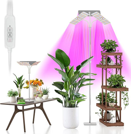 KINGPLUS Grow Lights with Base, Three Heads, Full Spectrum LED Grow Light for Indoor Plants, 360 Leds, 4 Dimmable Levels, Timer 4/8/12h, 12-60inches Height Adjustable, 48w, Ideal for Desk Small Plants