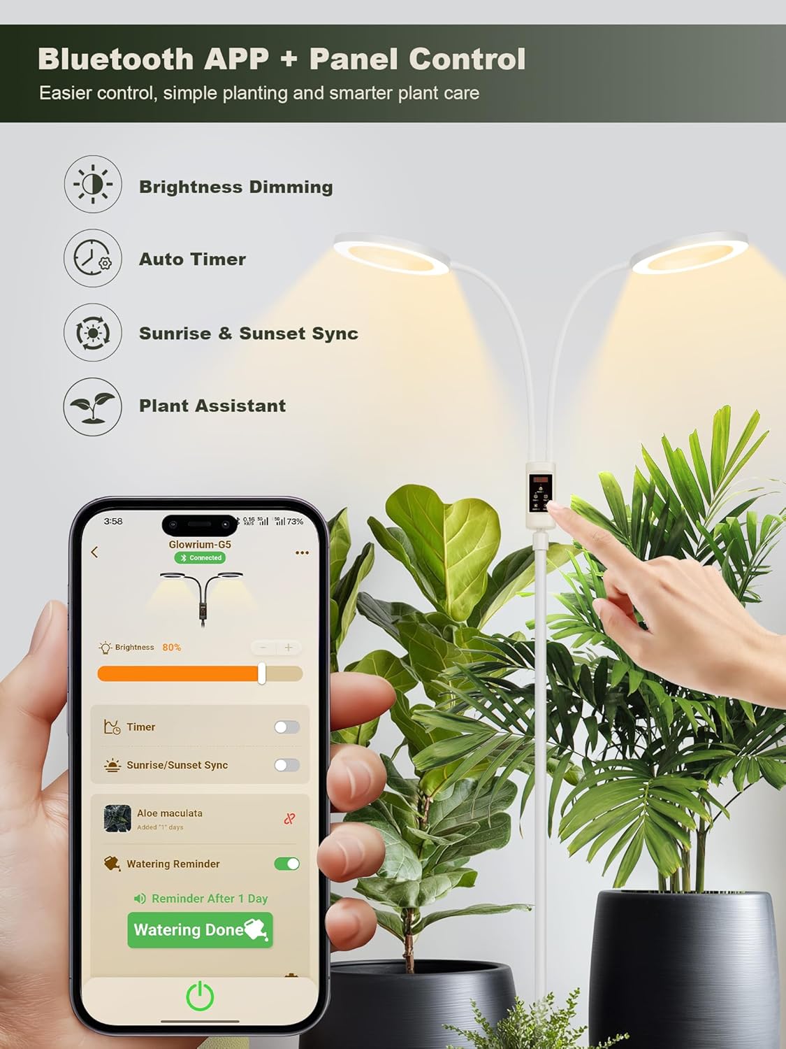 GLOWRIUM Smart Grow Lights for Indoor Plants, 48W Full Spectrum Plant Lights, Bluetooth App & Manual Control, Adjustable Height 47-70.9", Auto Timer, Indoor Plant Lamp for Tall Indoor Plants