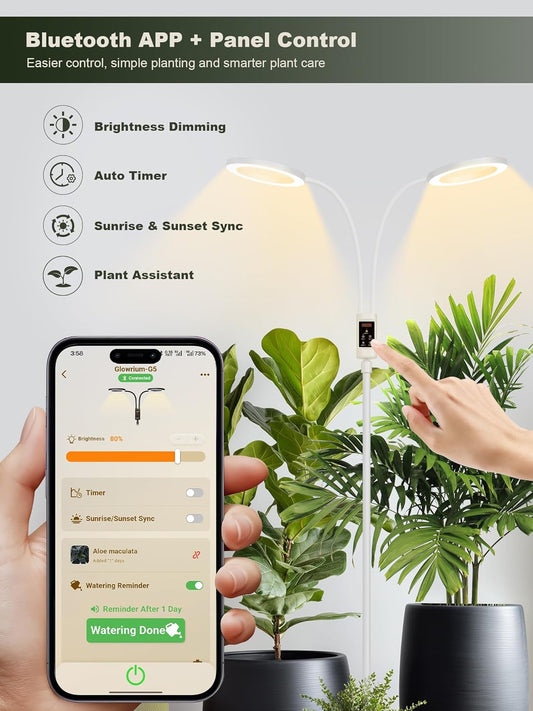 GLOWRIUM Smart Grow Lights for Indoor Plants, 48W Full Spectrum Plant Lights, Bluetooth App & Manual Control, Adjustable Height 47-70.9", Auto Timer, Indoor Plant Lamp for Tall Indoor Plants