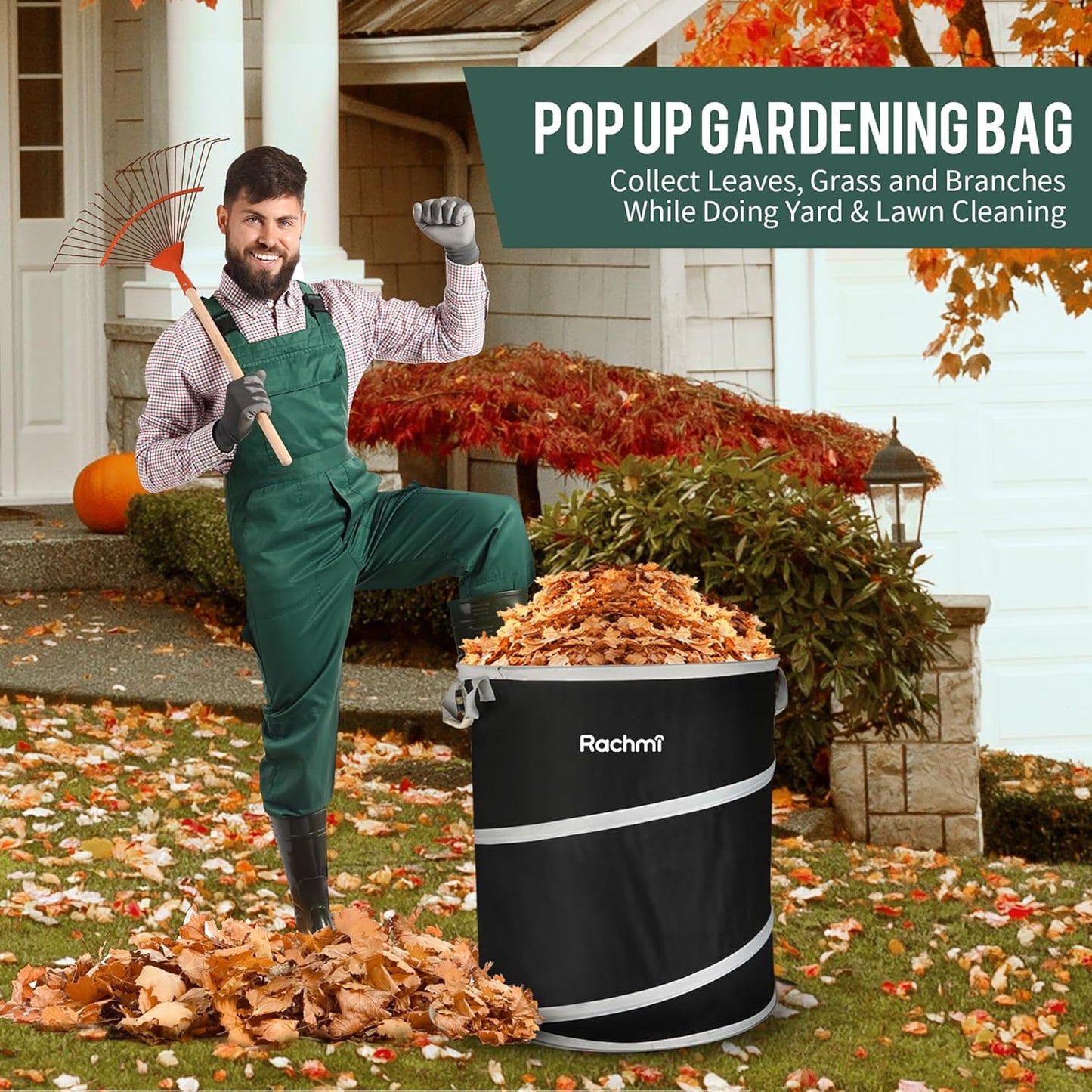 Rachmi 40 Gallon Collapsible Trash Can 2-Pack | Reusable Outdoor Pop-Up Yard Waste Leaf Bag Garden Garbage Bin for Camping, Black