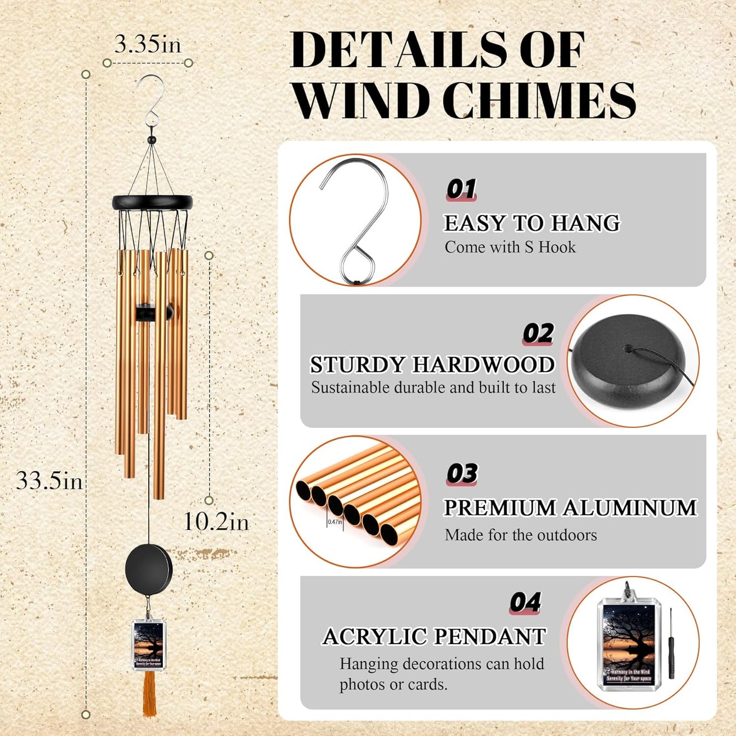 Memorial Wind Chime for Outdoor - Sympathy Gift with Signature Plaque & Photo Holder, Bereavement Keepsake for Loss of Loved One, Funeral Memorial for Parents, Garden & Patio Decor (Gold)