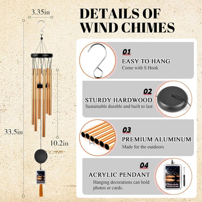 Memorial Wind Chime for Outdoor - Sympathy Gift with Signature Plaque & Photo Holder, Bereavement Keepsake for Loss of Loved One, Funeral Memorial for Parents, Garden & Patio Decor (Gold)