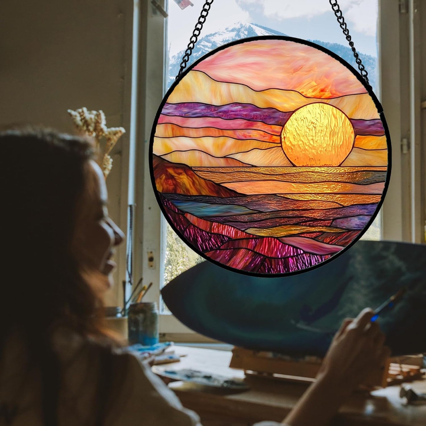 Stained Glass Window Hanging, Sparkling Sea Suncatcher Diamond Glass Panel Hangings Scenery Sun Catchers Decor for Birthday for Women, Men, Wife, Aunt, and Mom 14.9 in