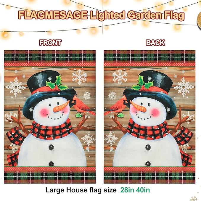 Lighted Christmas Garden Flag for Outside, Led Snowman Garden Flag, Winter Yard Flag 28x40 Double Sided for Outdoor Yard Porch Lawn Decor