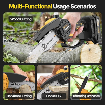 Mini Chainsaw Cordless, 6 inch Electric Chain Saw with 2 Pack 2.0Ah Rechargeable Batteries, Battery Powered Handheld Saw for Trees Trimming Wood Cutting, Perfect Gardening Tools,Gift for Men Dad Women