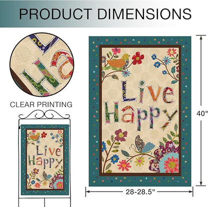 Hzppyz Live Happy Decorative Large House Flag Flower Bird, Spring Summer Inspirational Quote Garden Yard Outdoor Butterfly Decor Double Sided, Fall Positive Farmhouse Outside Burlap Decoration 28 x 40